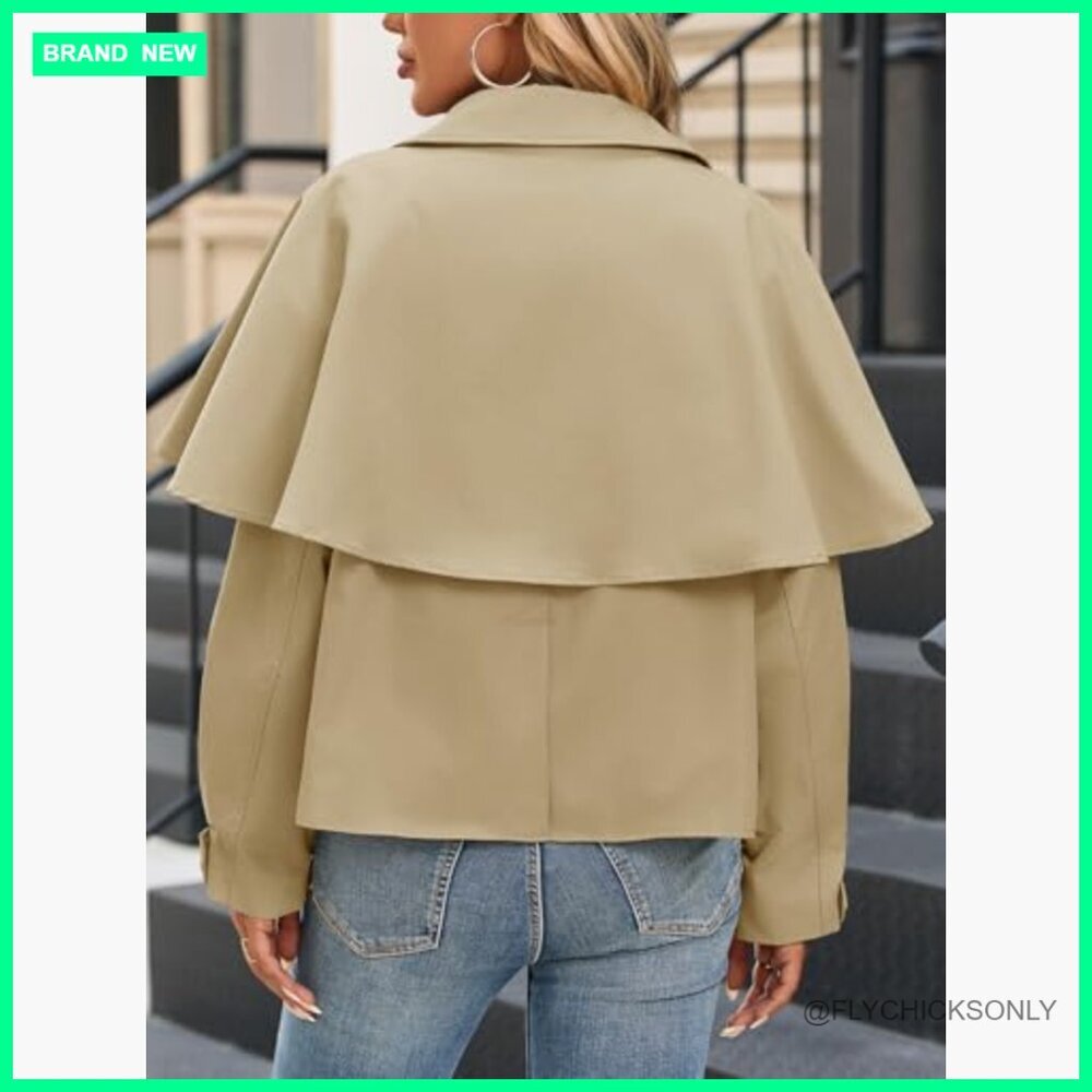 Polyester Cropped Trench Coat with Cape Sleeves and Button Closure - Picture 4 of 6